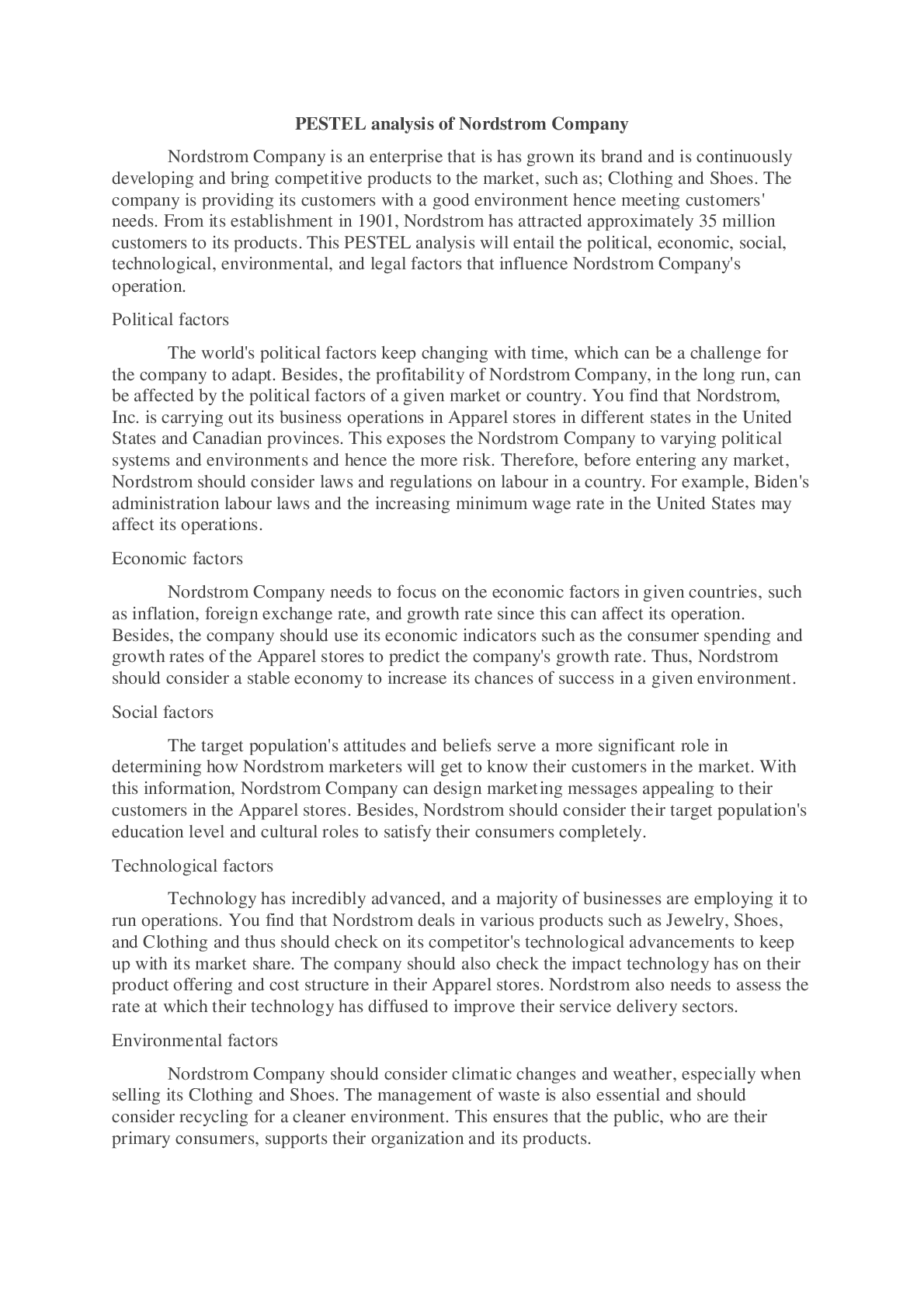 Preview image for STRATEGIC MARKETING PLAN 'PESTEL ANALYSIS OF NORDSTROM COMPANY'